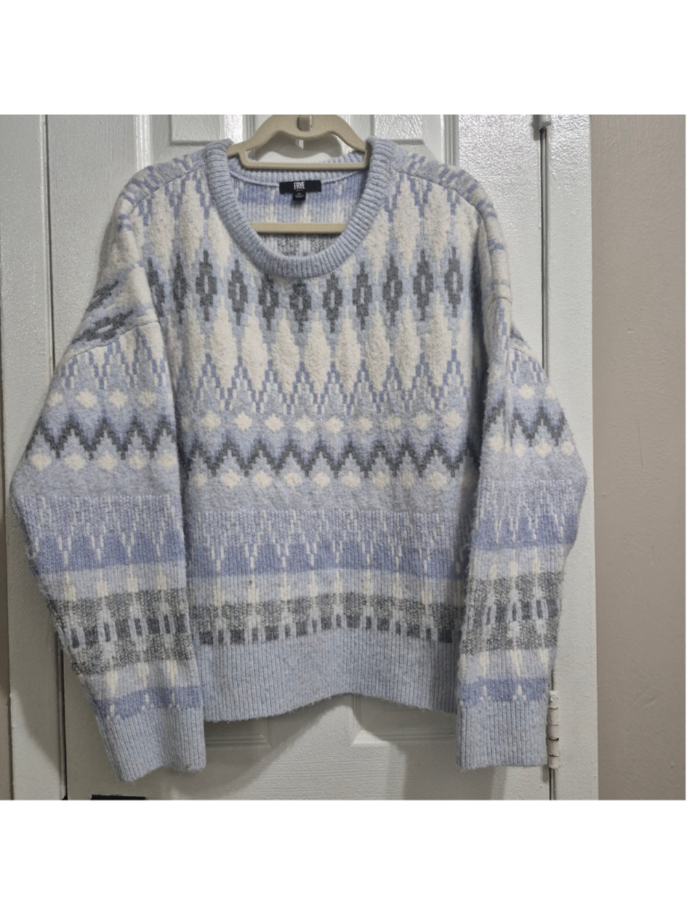 Women's Frye Fair Isle Crew Neck Sweater XL Blue White